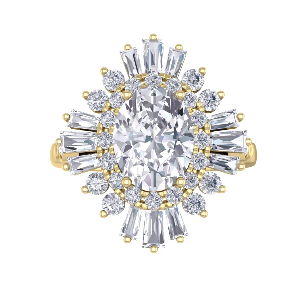 14k Yellow Gold 1.5ct Oval Moissanite Baguette Starburst Engagement Ring 0.5tdw