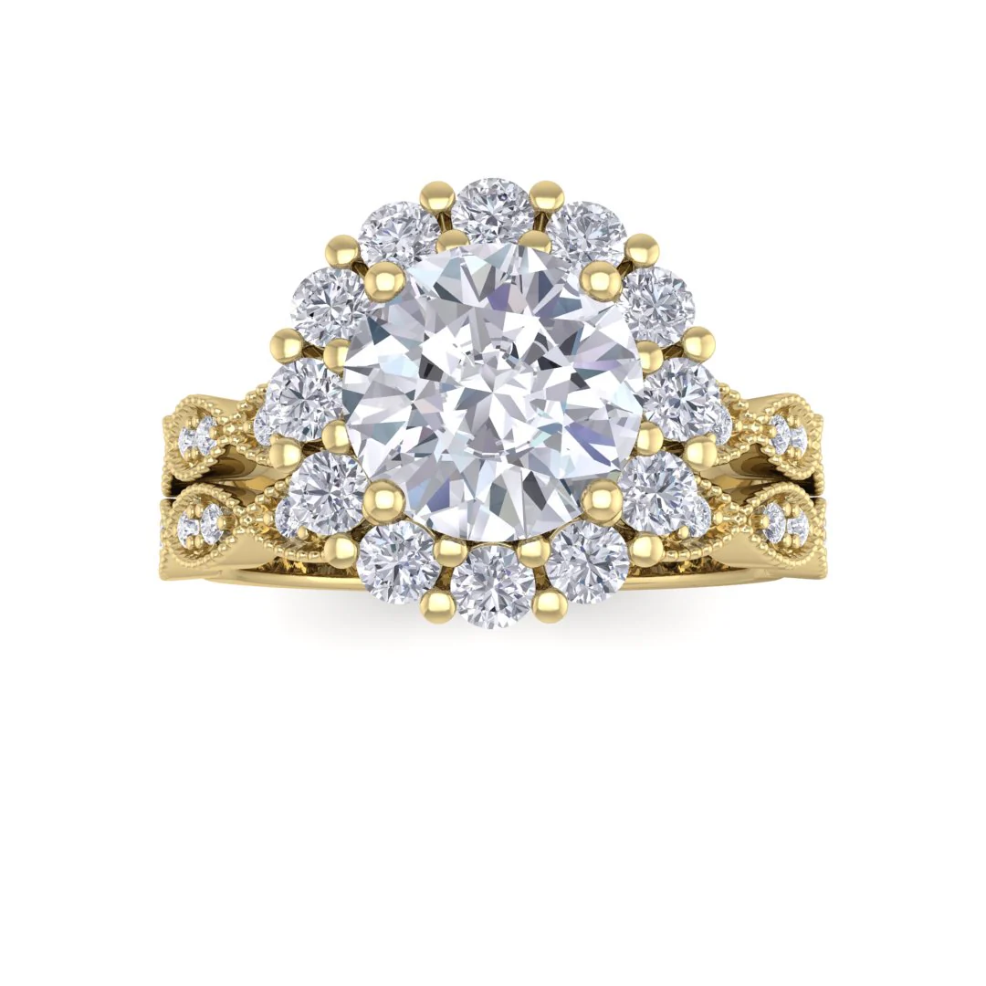 14k Yellow Gold 1.5ct Round Brilliant Diamond Halo Bridal Set 2.05tdw