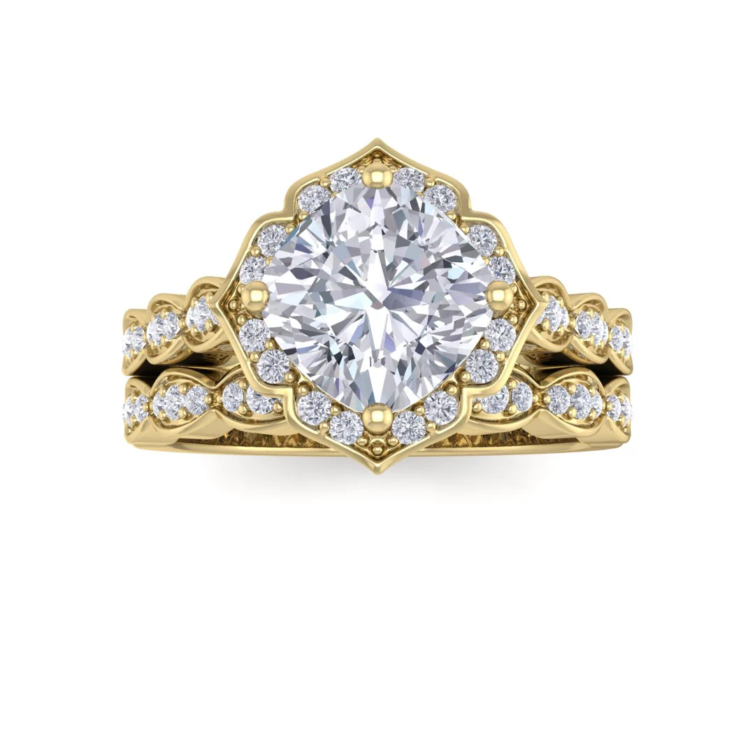14k Yellow Gold 2.0ct Cushion Cut Moissanite Halo Vintage Inspired Bridal Set 0.3tdw