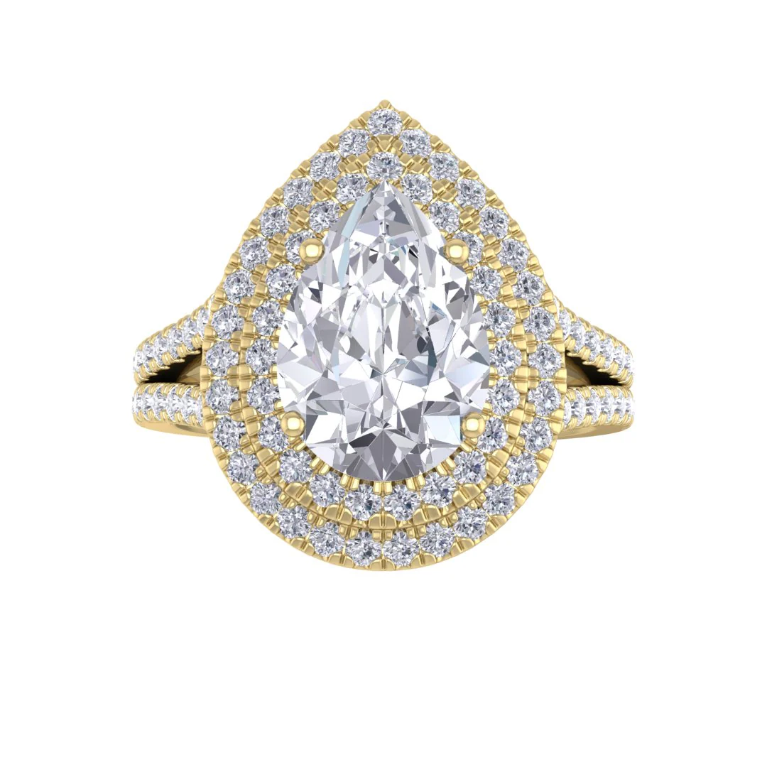 14k Yellow Gold 2.0ct Pear Diamond Double Halo Engagement Ring 2.5tdw
