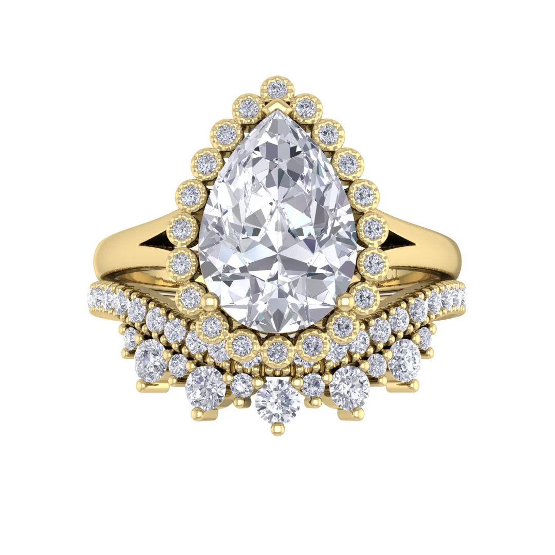 14k Yellow Gold 2.0ct Pear Moissanite Halo Tiara Bridal Set 0.4tdw