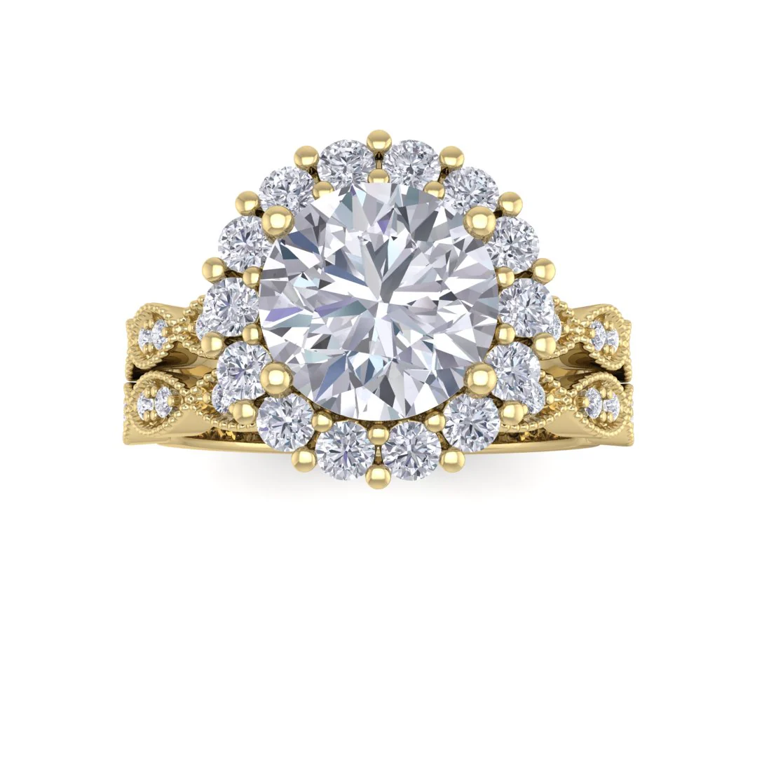 14k Yellow Gold 2.0ct Round Brilliant Moissanite Halo Bridal Set 0.55tdw