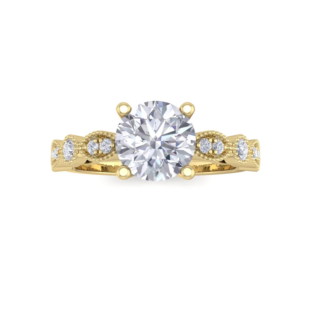 14K Yellow Gold Round Brilliant Lab Diamond Milgrain Bridal Set 1.25tdw
