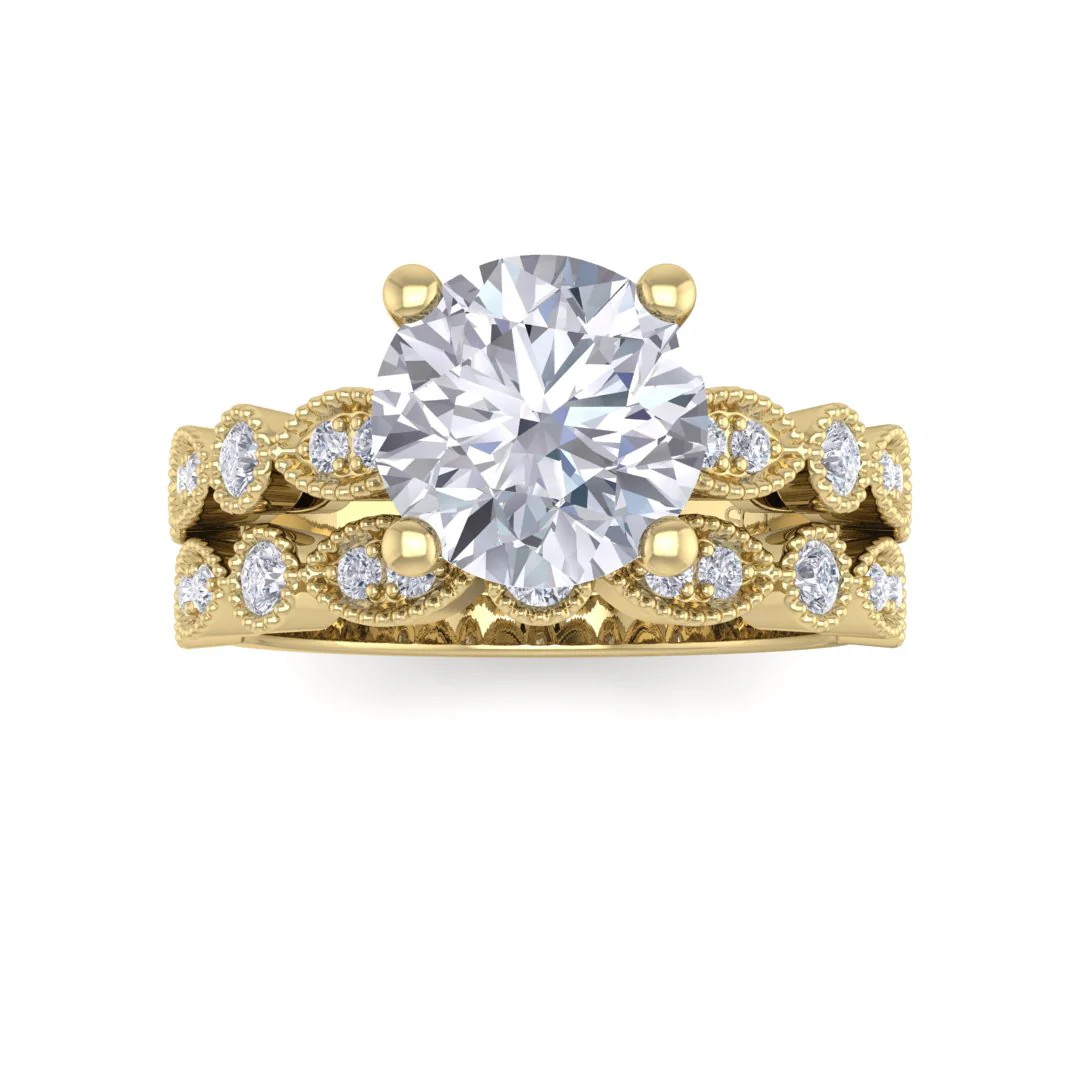 14K Yellow Gold Round Brilliant Moissanite and Diamond Milgrain Bridal Set 0.25tdw 1.5ct Moissanite