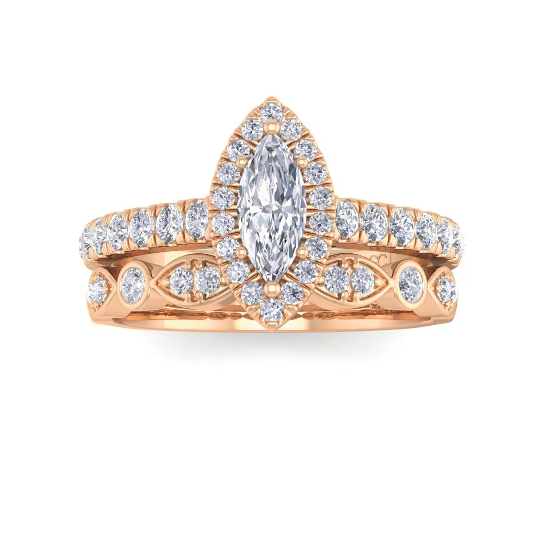 18k Rose Gold 0.33ct Marquise Moissanite Halo Bridal Set 0.5tdw
