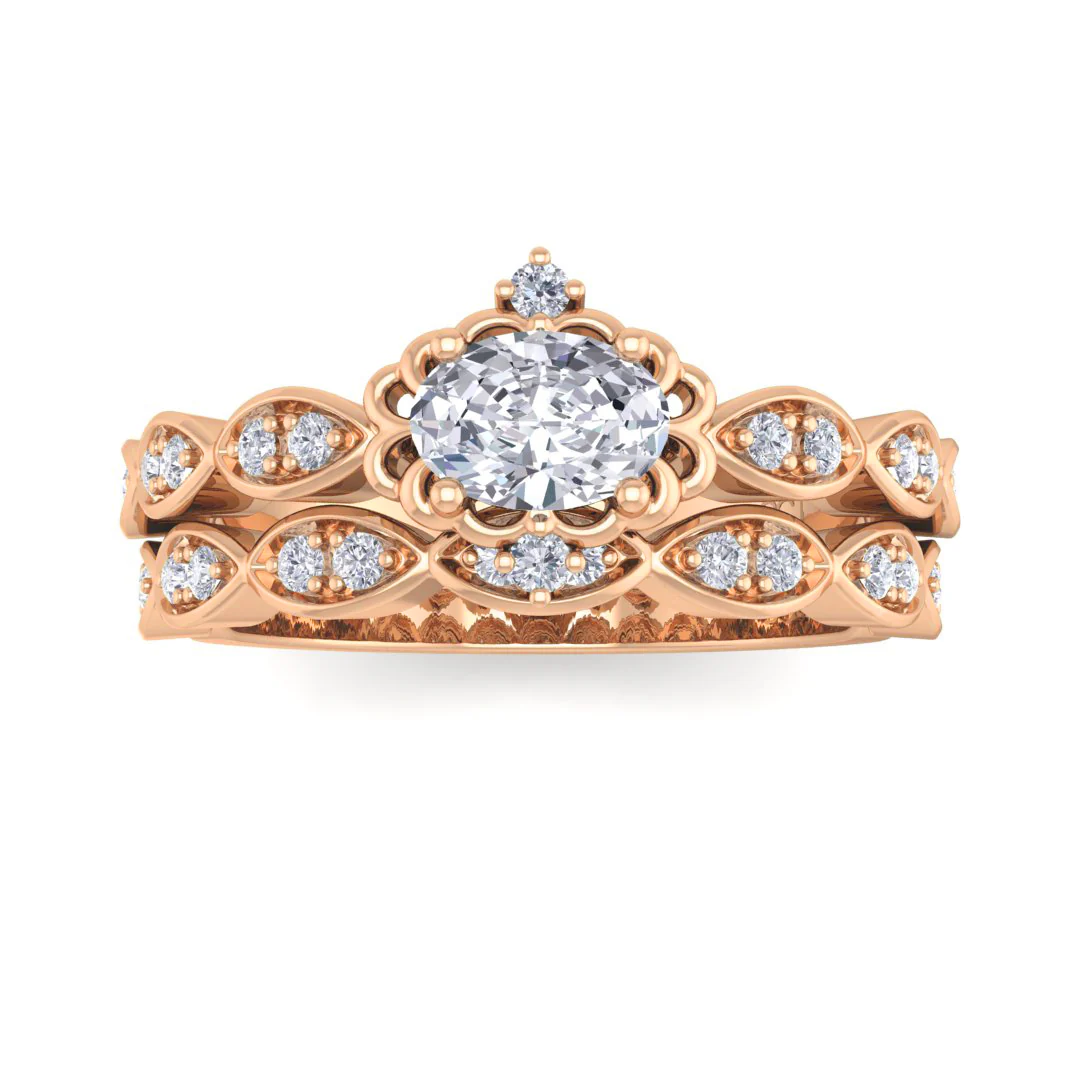 18k Rose Gold 0.33ct Oval Diamond Filigree Halo Bridal Set 0.53tdw