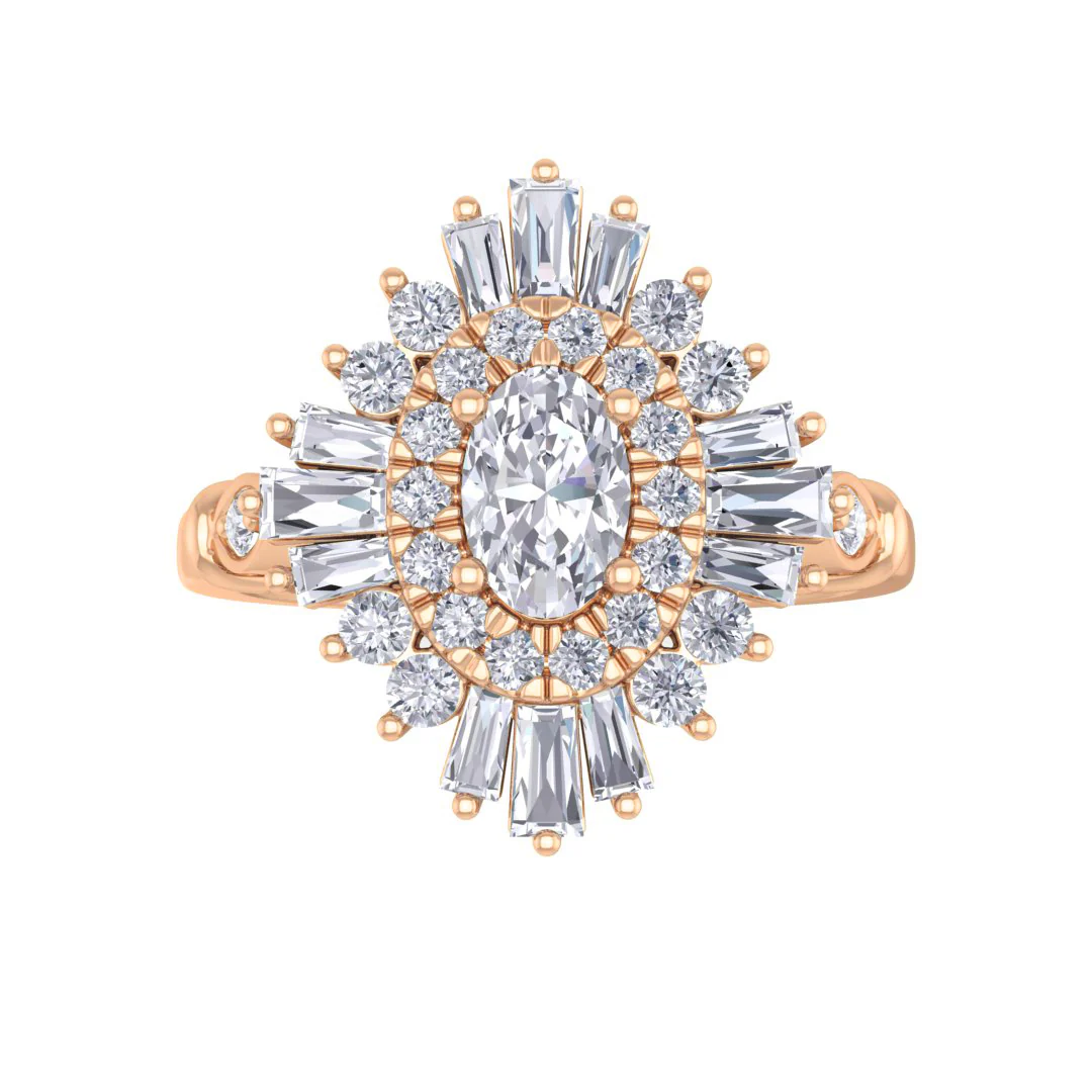 18k Rose Gold 0.33ct Oval Moissanite Baguette Starburst Engagement Ring 0.5tdw