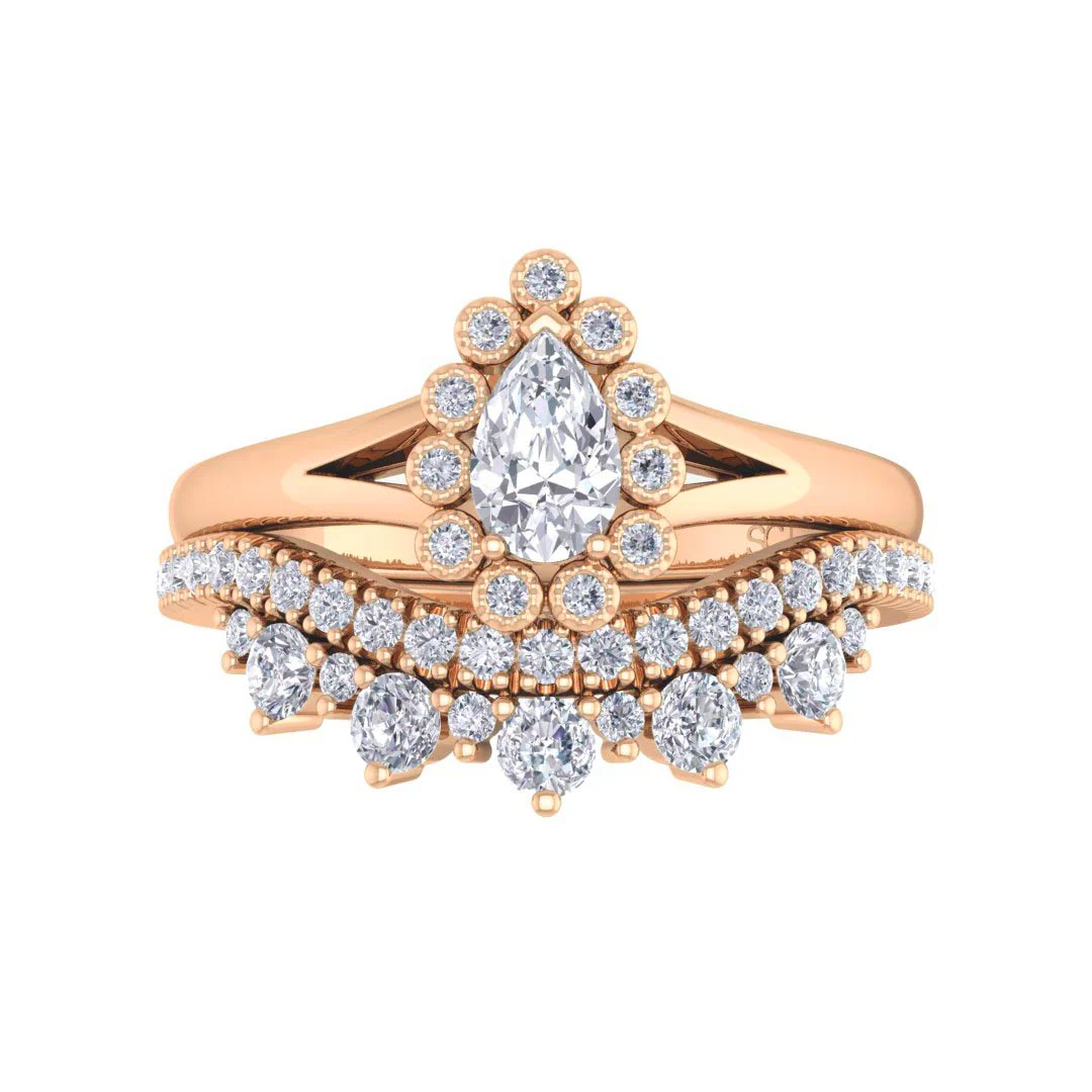 18k Rose Gold 0.33ct Pear Lab Diamond Halo Tiara Bridal Set 0.73tdw