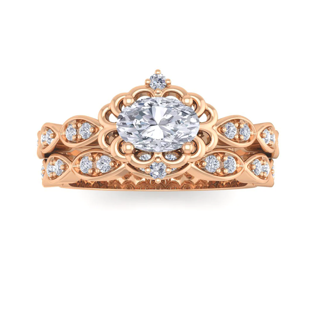 18k Rose Gold 0.5ct Oval Diamond Filigree Halo Bridal Set 0.7tdw