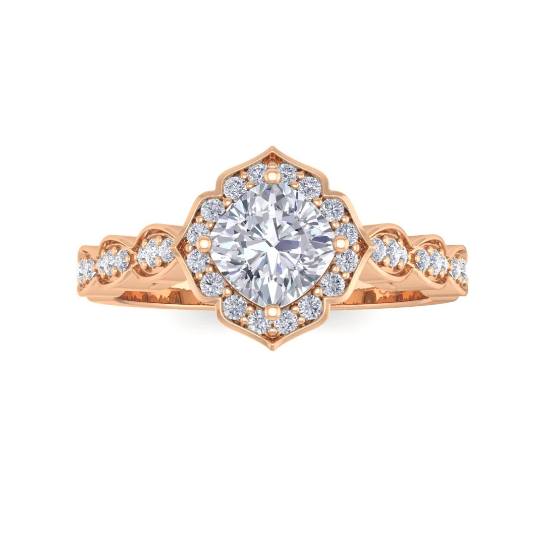 18k Rose Gold 0.75ct Cushion Cut Diamond Halo Vintage Inspired Bridal Set 1.05tdw