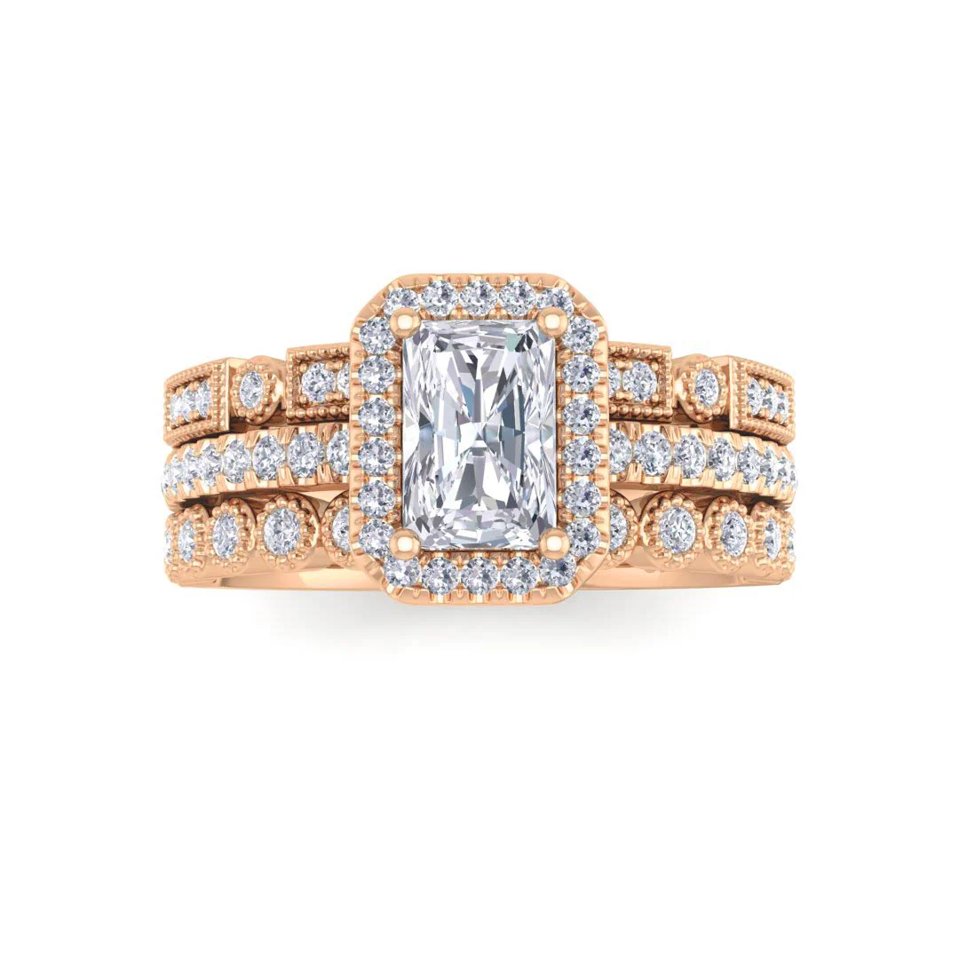 18k Rose Gold 0.75ct Emerald Cut Diamond Halo Bridal Set 1.25tdw