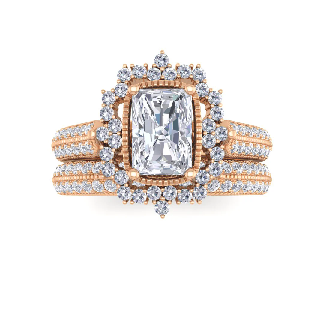 18k Rose Gold 0.75ct Emerald Cut Moissanite Vintage Halo Bridal Set 0.5tdw
