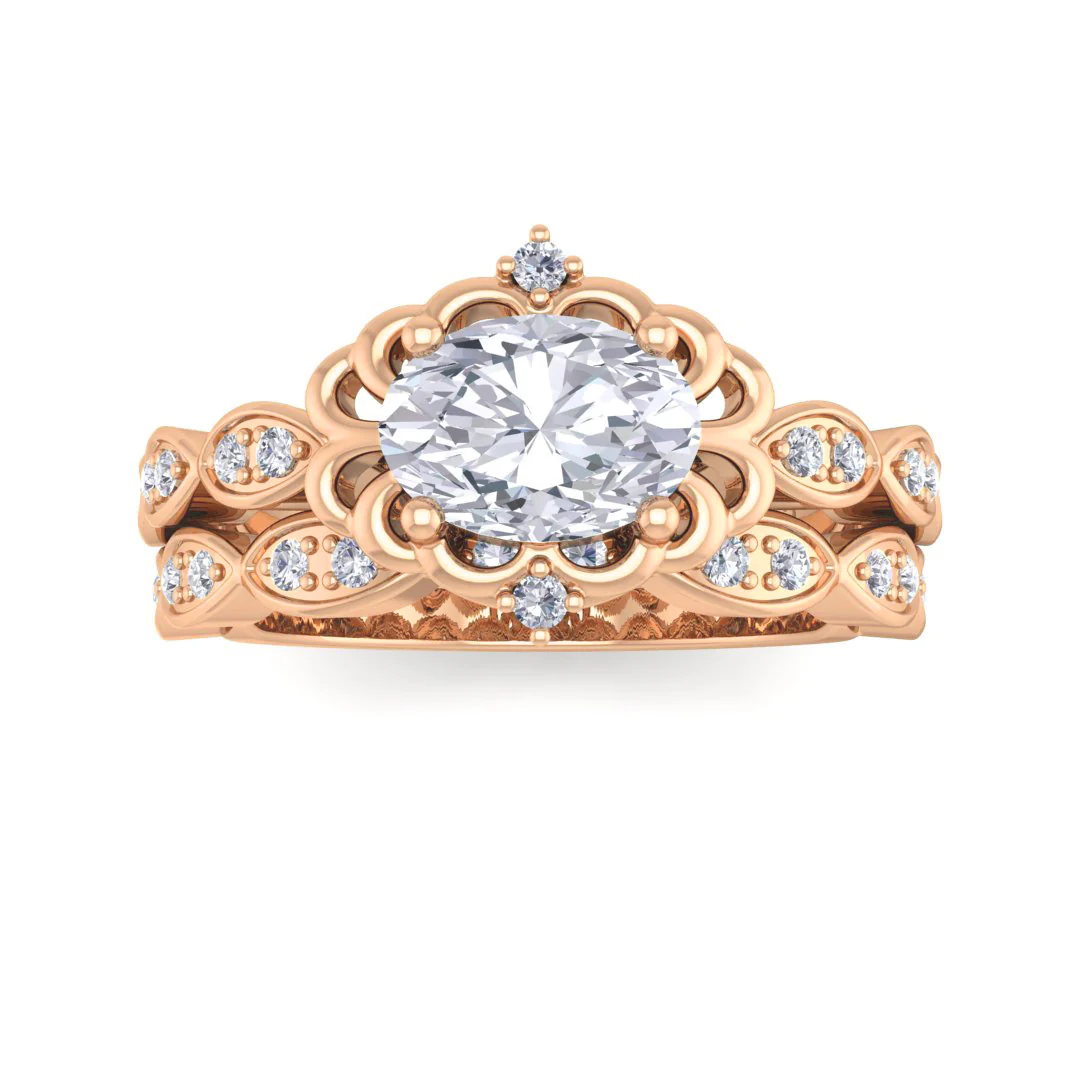 18k Rose Gold 0.75ct Oval Moissanite Filigree Halo Bridal Set 0.2tdw