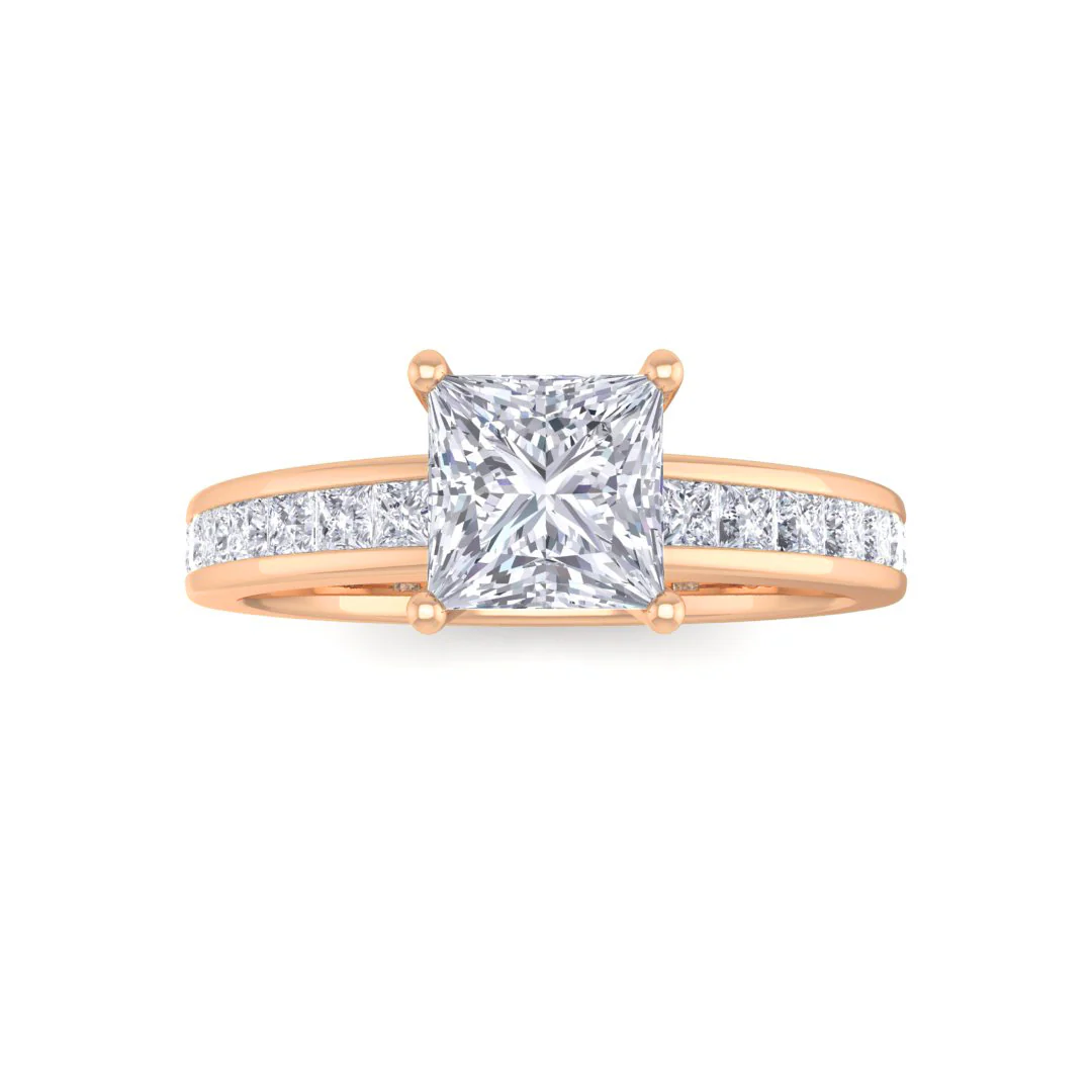 18k Rose Gold 0.75ct Princess Cut Lab Diamond Solitaire with Shoulder Accents Engagement Ring 1.25tdw