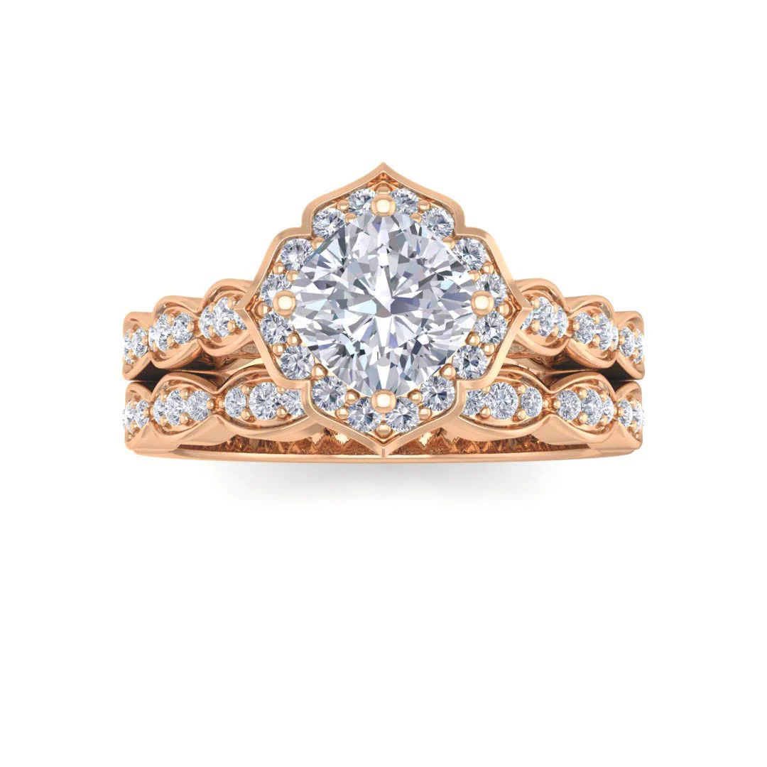 18k Rose Gold 1.0ct Cushion Cut Moissanite Halo Vintage Inspired Bridal Set 0.3tdw