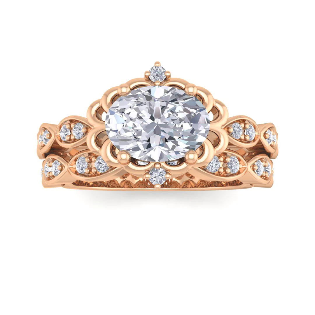 18k Rose Gold 1.0ct Oval Moissanite Filigree Halo Bridal Set 0.2tdw