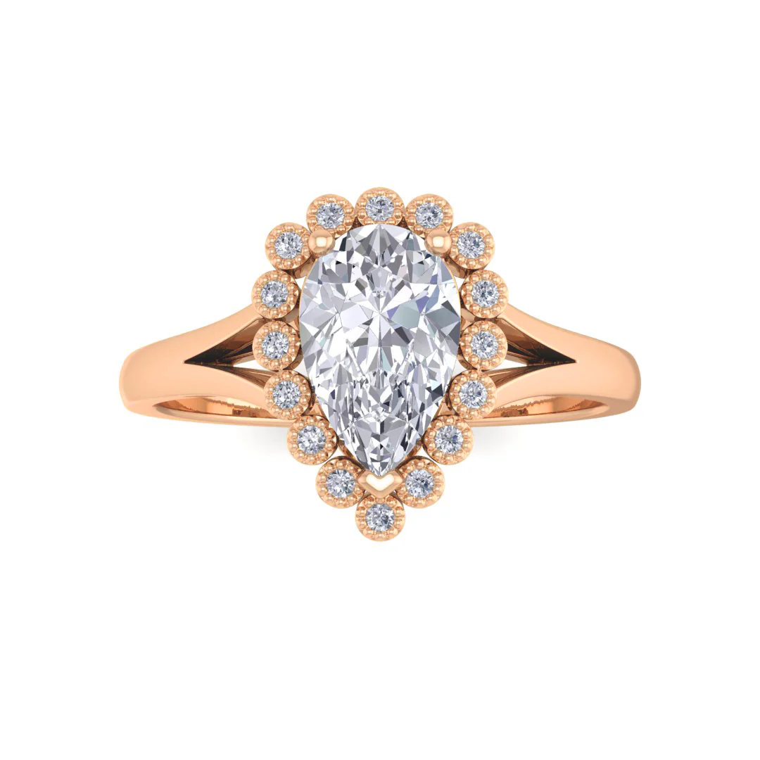 18k Rose Gold 1.0ct Pear Moissanite Halo Tiara Bridal Set 0.4tdw