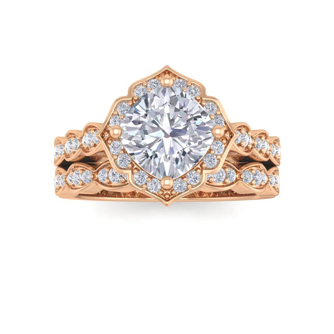 18k Rose Gold 1.5ct Cushion Cut Lab Diamond Halo Vintage Inspired Bridal Set 1.8tdw
