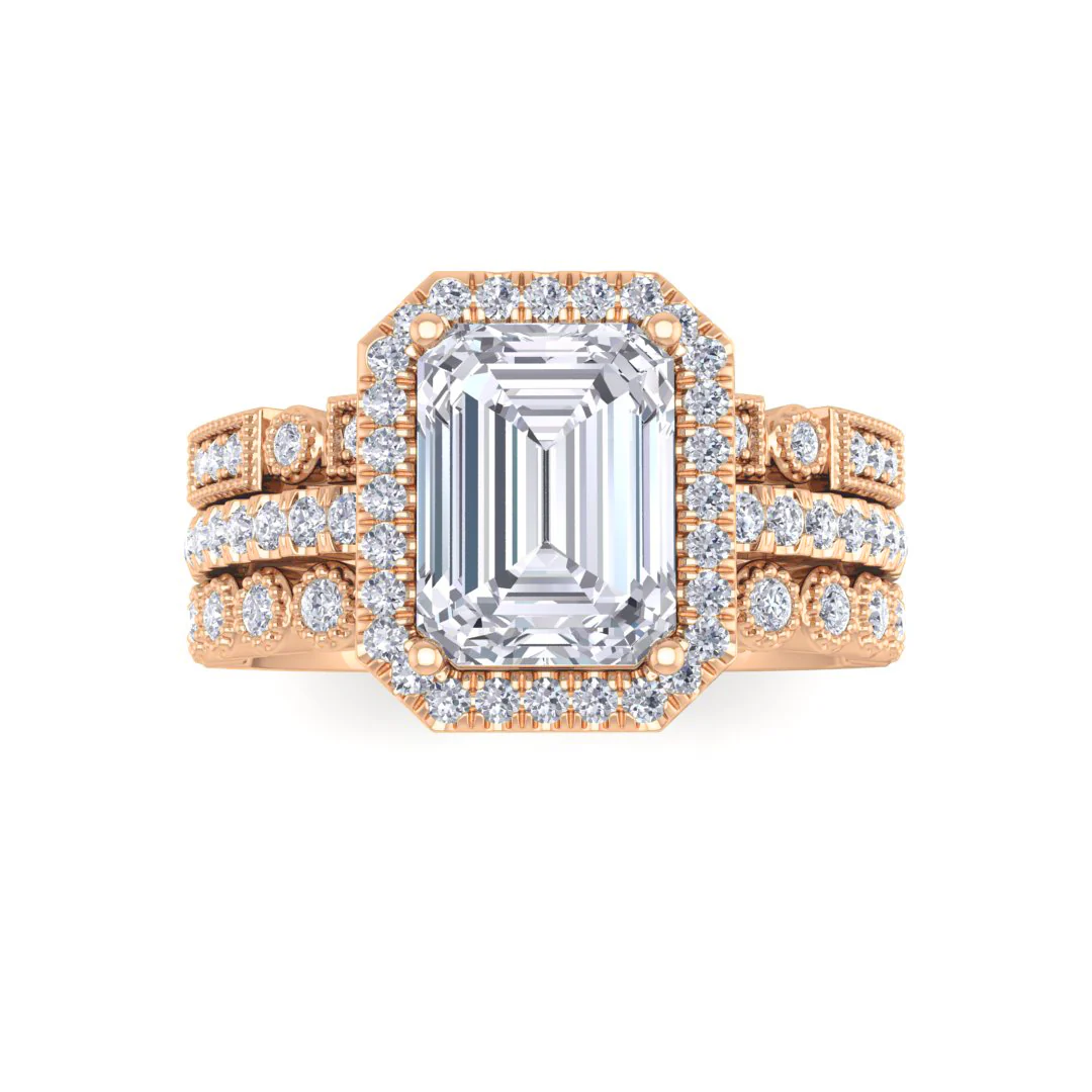18k Rose Gold 1.5ct Emerald Cut Lab Diamond Halo Bridal Set 2.0tdw