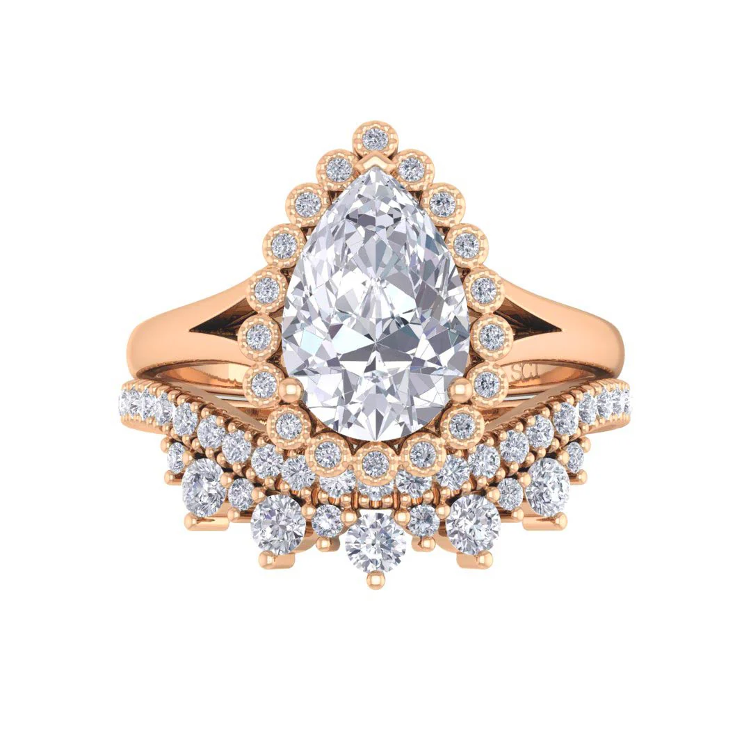 18k Rose Gold 1.5ct Pear Moissanite Halo Tiara Bridal Set 0.4tdw