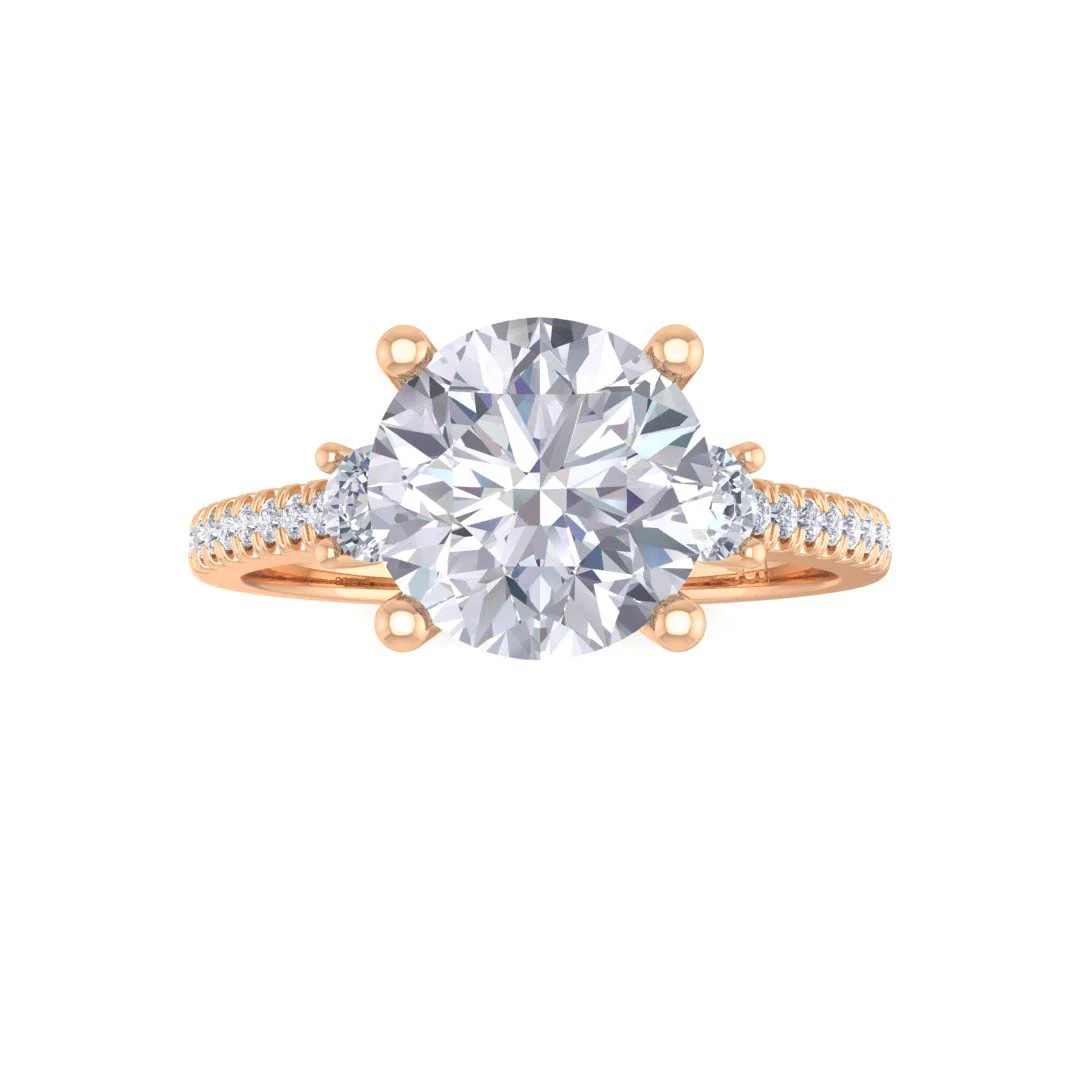 18k Rose Gold 1.5ct Round Brilliant Moissanite Trilogy Shoulders Engagement Ring 0.3tdw