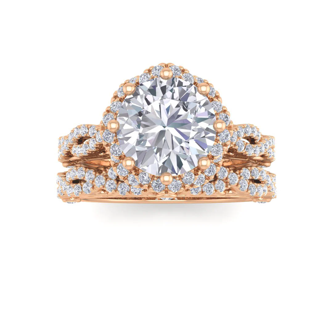 18k Rose Gold 2.0ct Round Brilliant Lab Diamond Flower Halo Bridal Set 2.5tdw