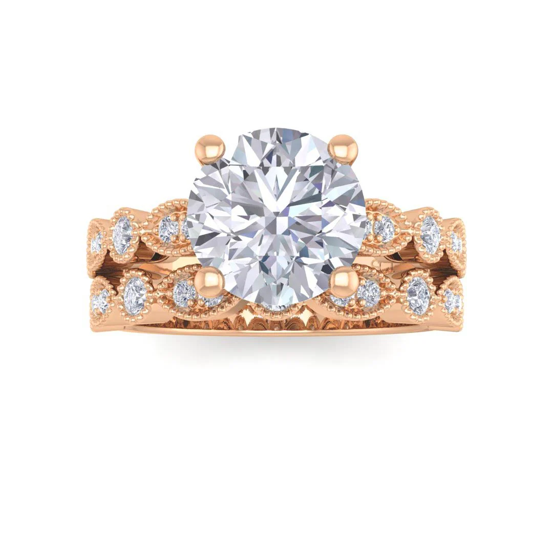 18K Rose Gold Round Brilliant Diamond Milgrain Bridal Set 2.25tdw