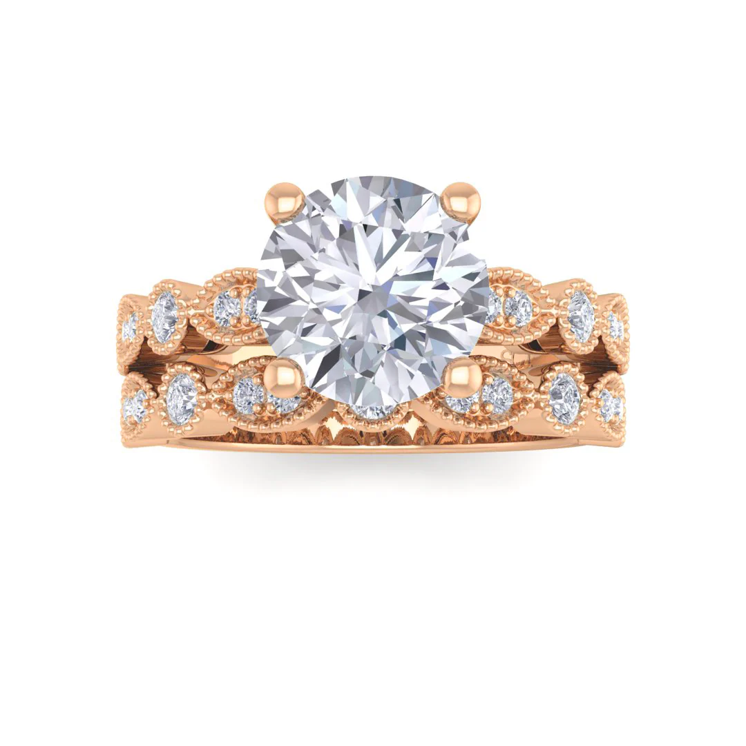 18K Rose Gold Round Brilliant Lab Diamond Milgrain Bridal Set 1.75tdw