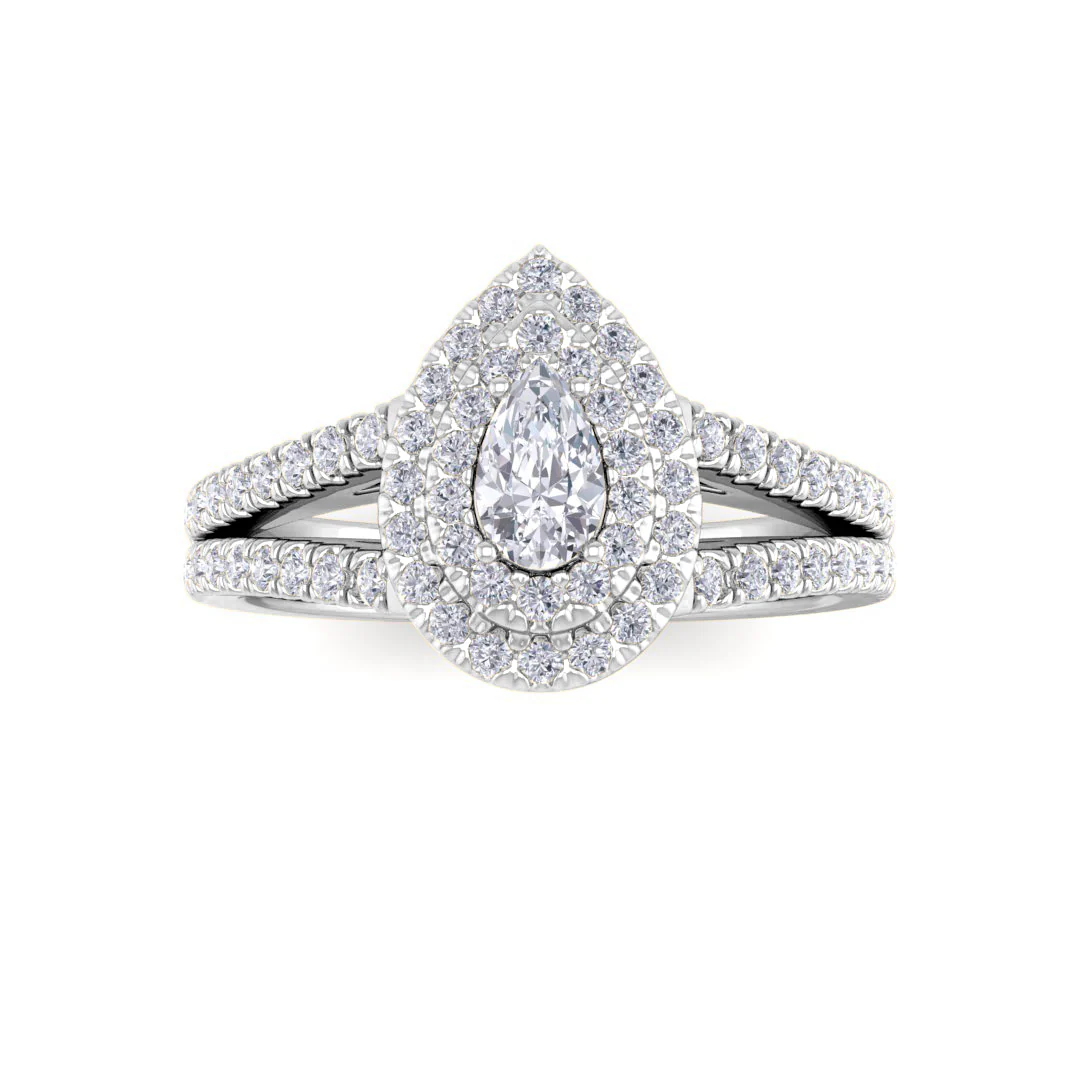 18k White Gold 0.33ct Pear Moissanite Double Halo Engagement Ring 0.5tdw