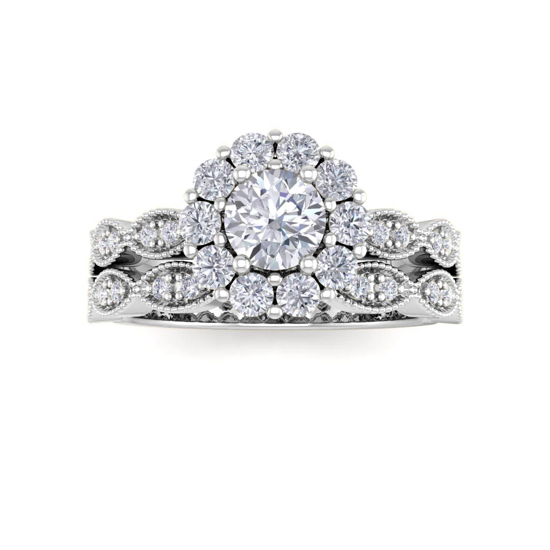 18k White Gold 0.33ct Round Brilliant Lab Diamond Halo Bridal Set 0.88tdw
