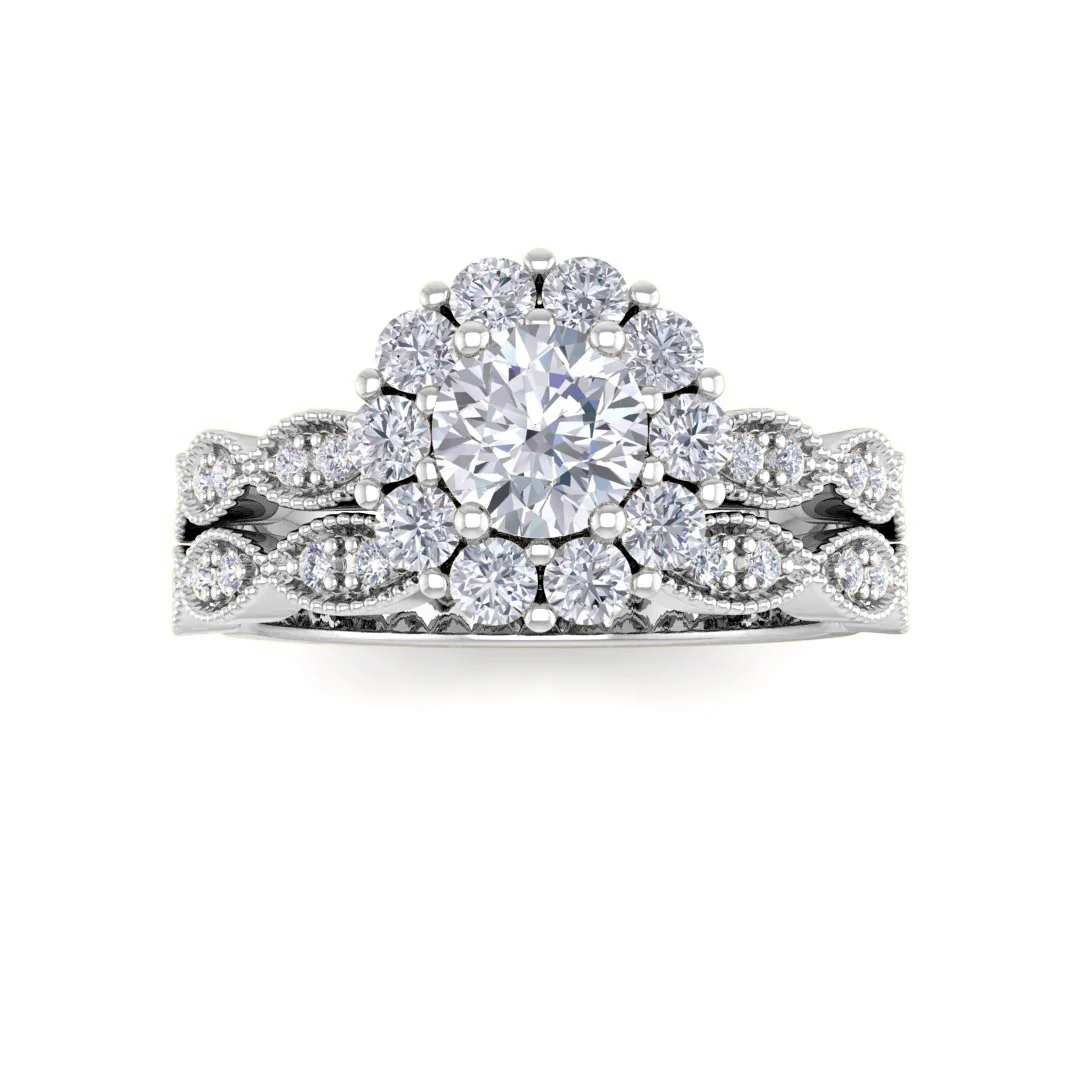 18k White Gold 0.5ct Round Brilliant Moissanite Halo Bridal Set 0.55tdw
