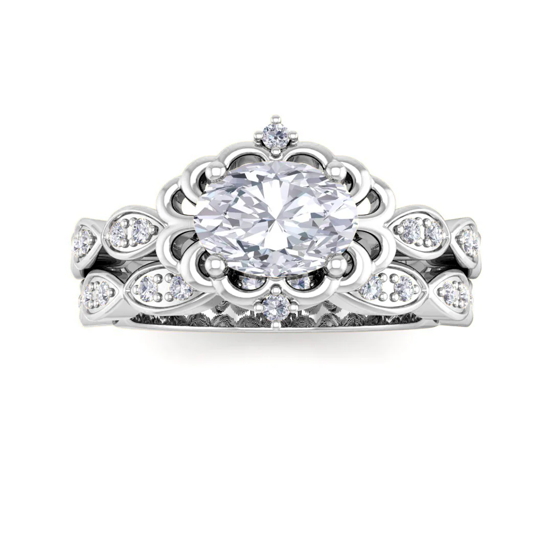 18k White Gold 0.75ct Oval Moissanite Filigree Halo Bridal Set 0.2tdw