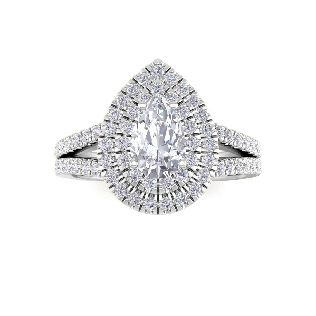 18k White Gold 0.75ct Pear Moissanite Double Halo Engagement Ring 0.5tdw
