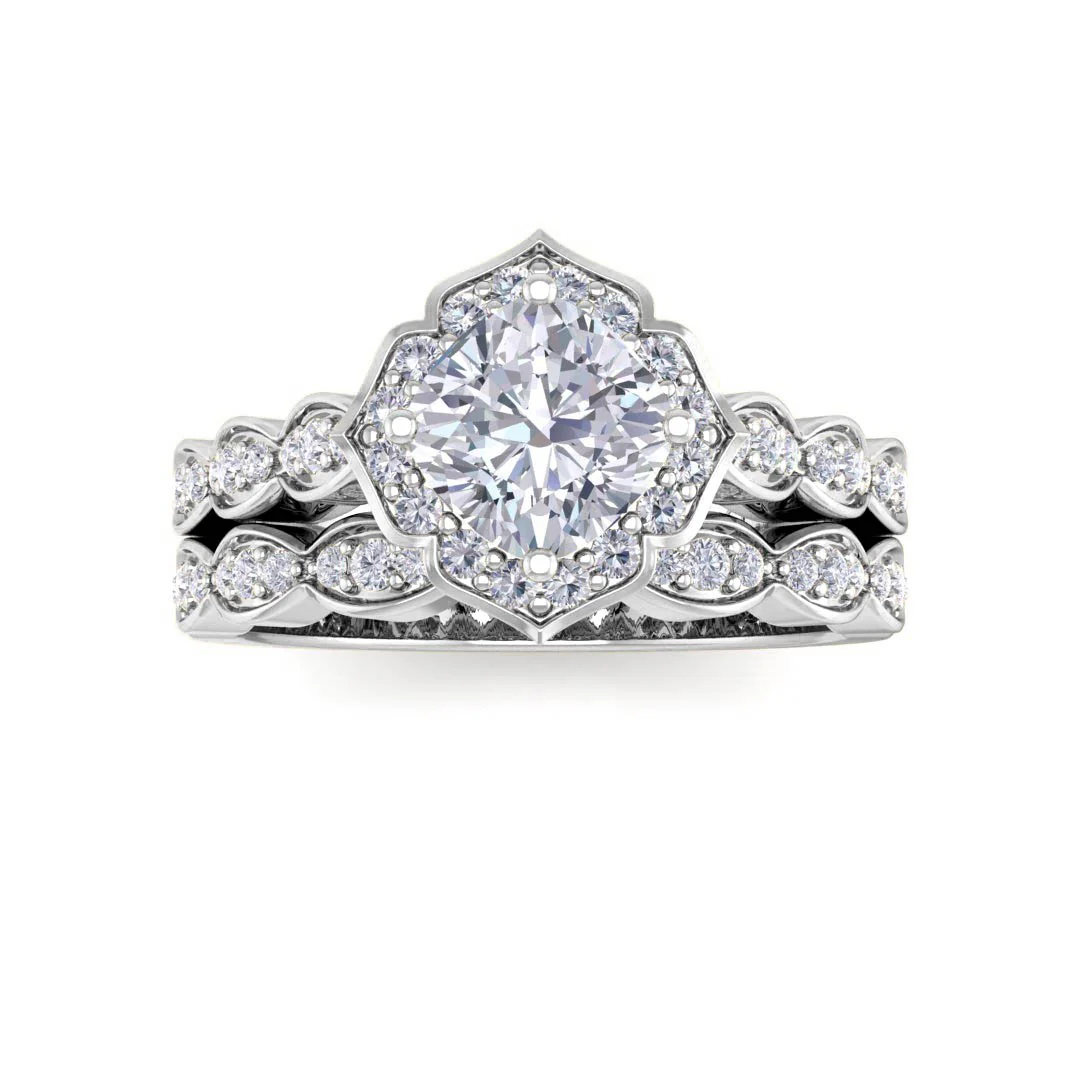 18k White Gold 1.0ct Cushion Cut Diamond Halo Vintage Inspired Bridal Set 1.3tdw