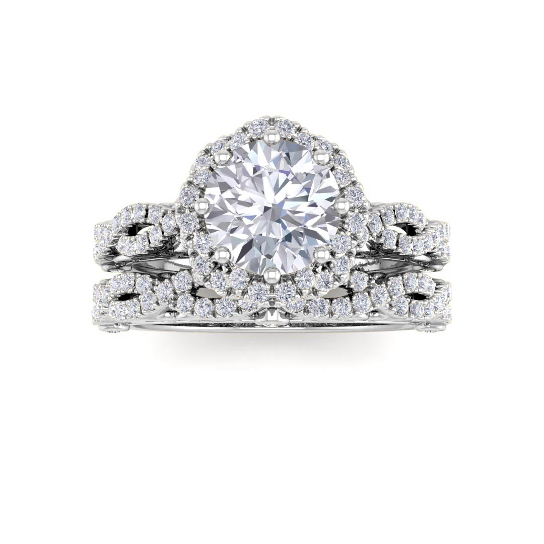 18k White Gold 1.0ct Round Brilliant Lab Diamond Flower Halo Bridal Set 1.5tdw