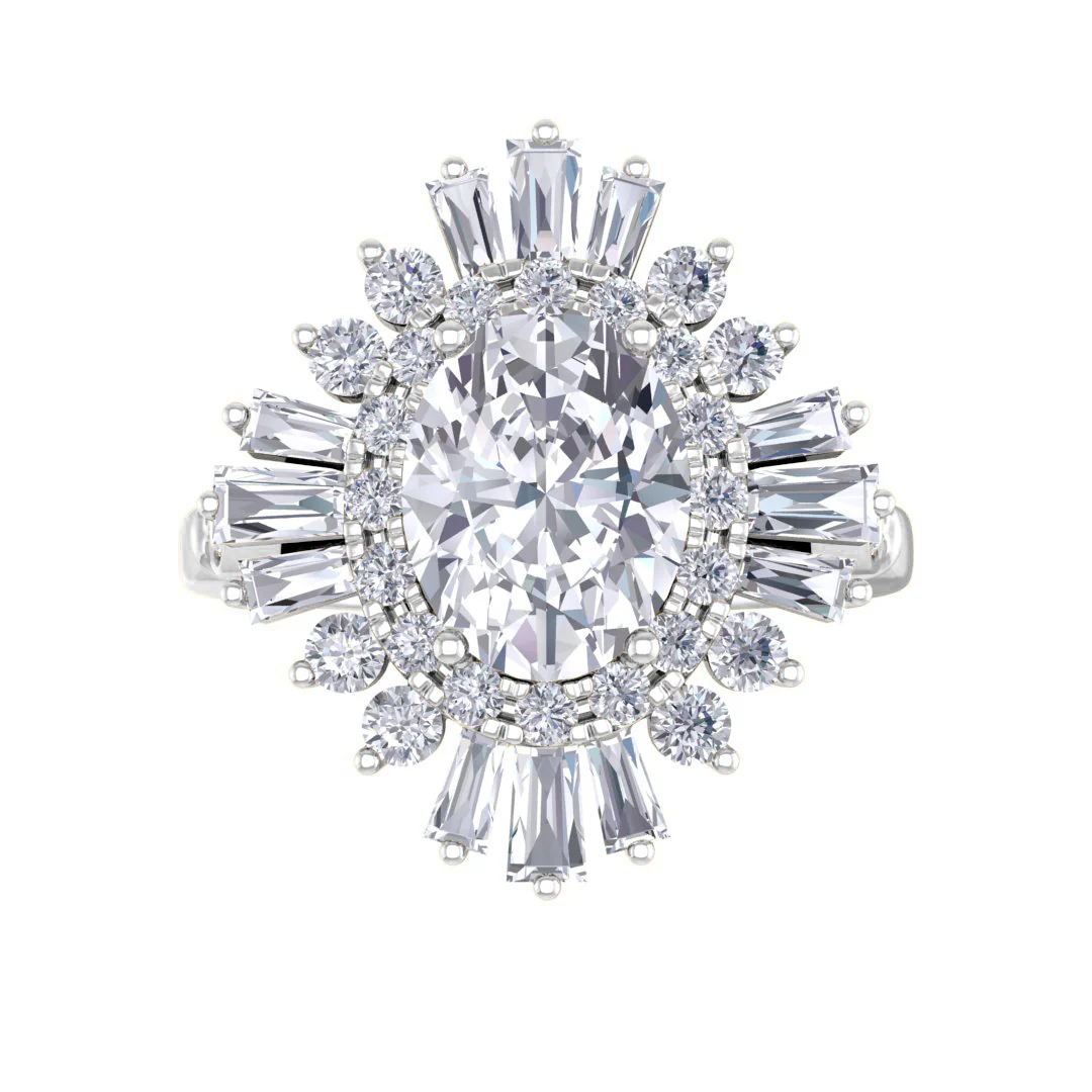 18k White Gold 1.5ct Oval Moissanite Baguette Starburst Engagement Ring 0.5tdw