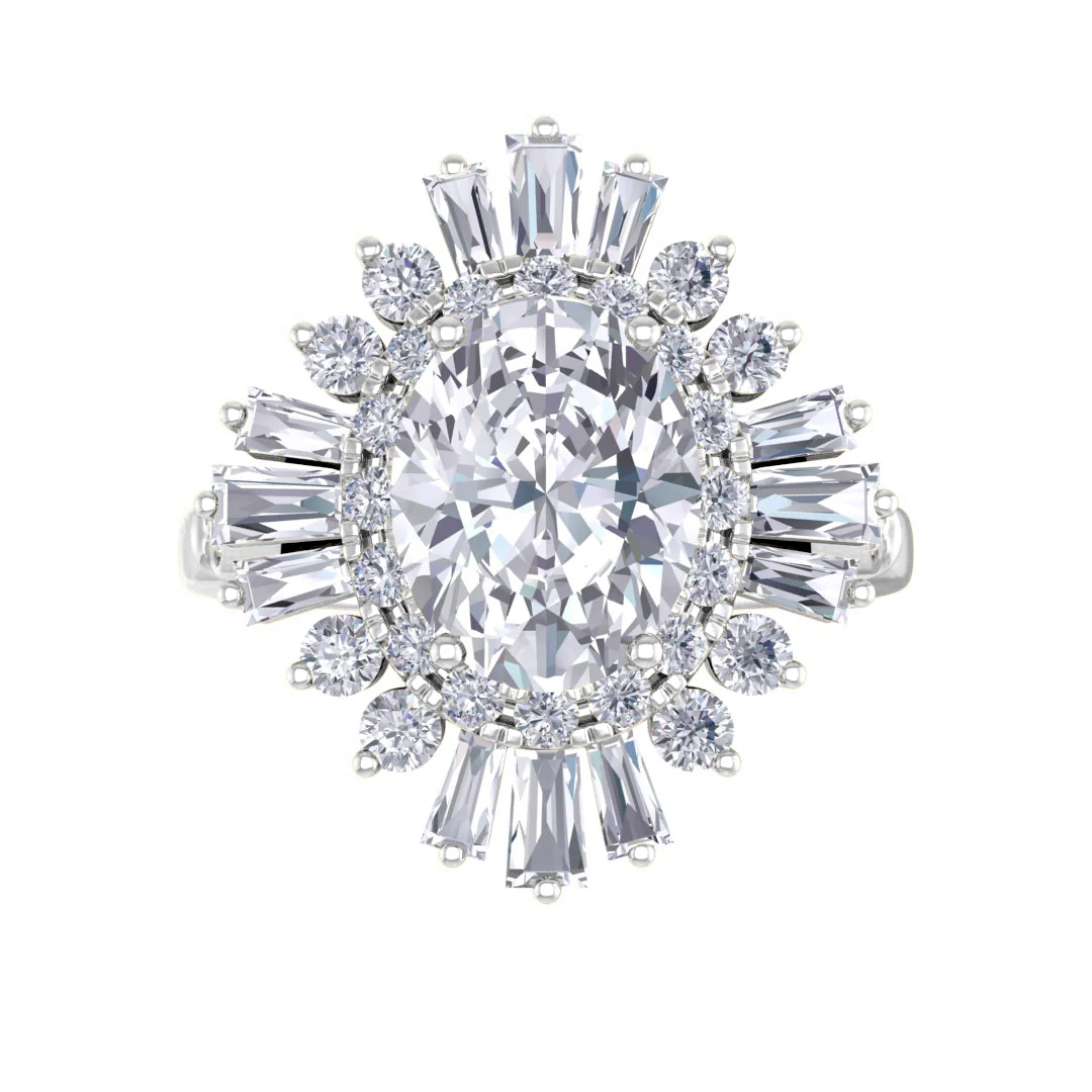 18k White Gold 2.0ct Oval Moissanite Baguette Starburst Engagement Ring 0.5tdw