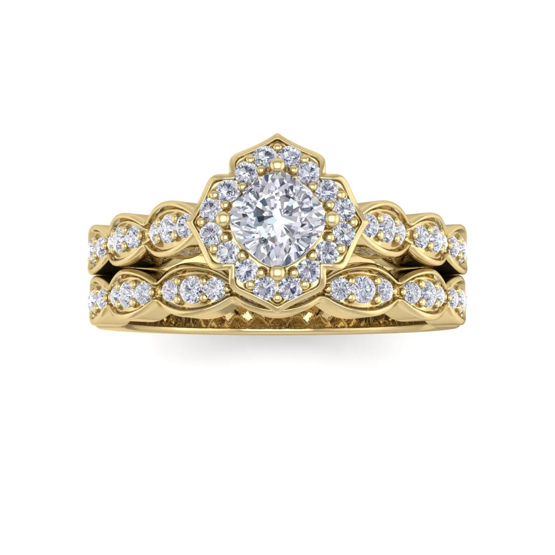 18k Yellow Gold 0.33ct Cushion Cut Lab Diamond Halo Vintage Inspired Bridal Set 0.63tdw