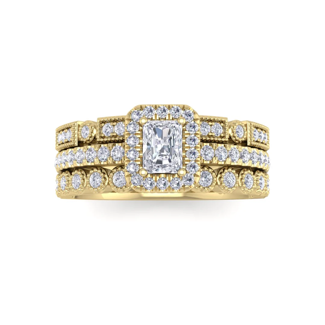 18k Yellow Gold 0.33ct Emerald Cut Lab Diamond Halo Bridal Set 0.83tdw