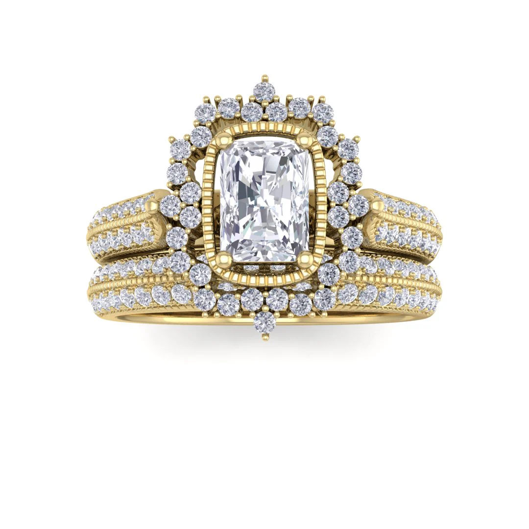 18k Yellow Gold 0.33ct Emerald Cut Lab Diamond Vintage Halo Bridal Set 0.83tdw