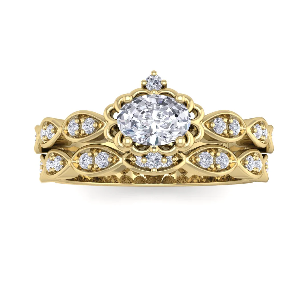 18k Yellow Gold 0.33ct Oval Diamond Filigree Halo Bridal Set 0.53tdw