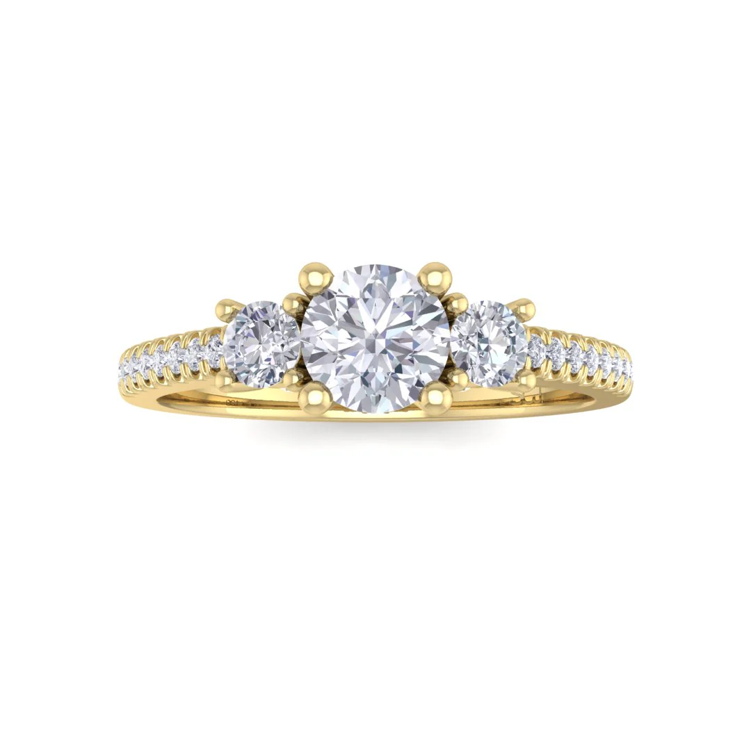 18k Yellow Gold 0.33ct Round Brilliant Moissanite Trilogy Shoulders Engagement Ring 0.3tdw