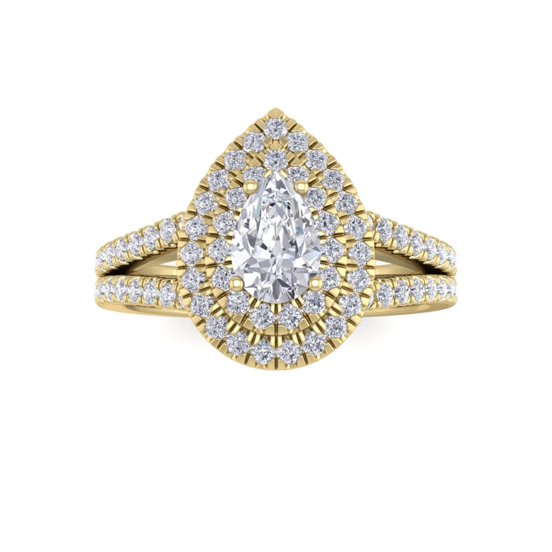 18k Yellow Gold 0.5ct Pear Lab Diamond Double Halo Engagement Ring 1.0tdw