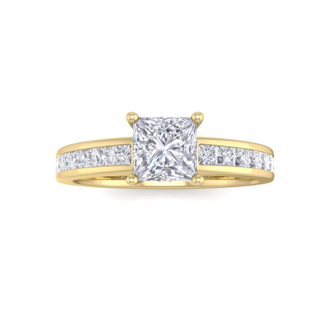 18k Yellow Gold 0.5ct Princess Cut Lab Diamond Solitaire with Shoulder Accents Engagement Ring 1.0tdw
