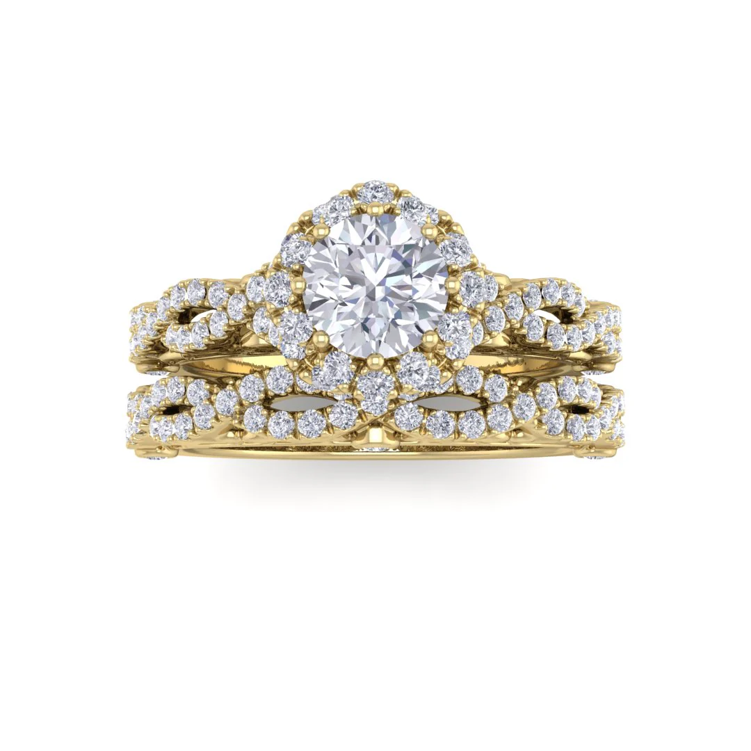 18k Yellow Gold 0.5ct Round Brilliant Diamond Flower Halo Bridal Set 1.0tdw