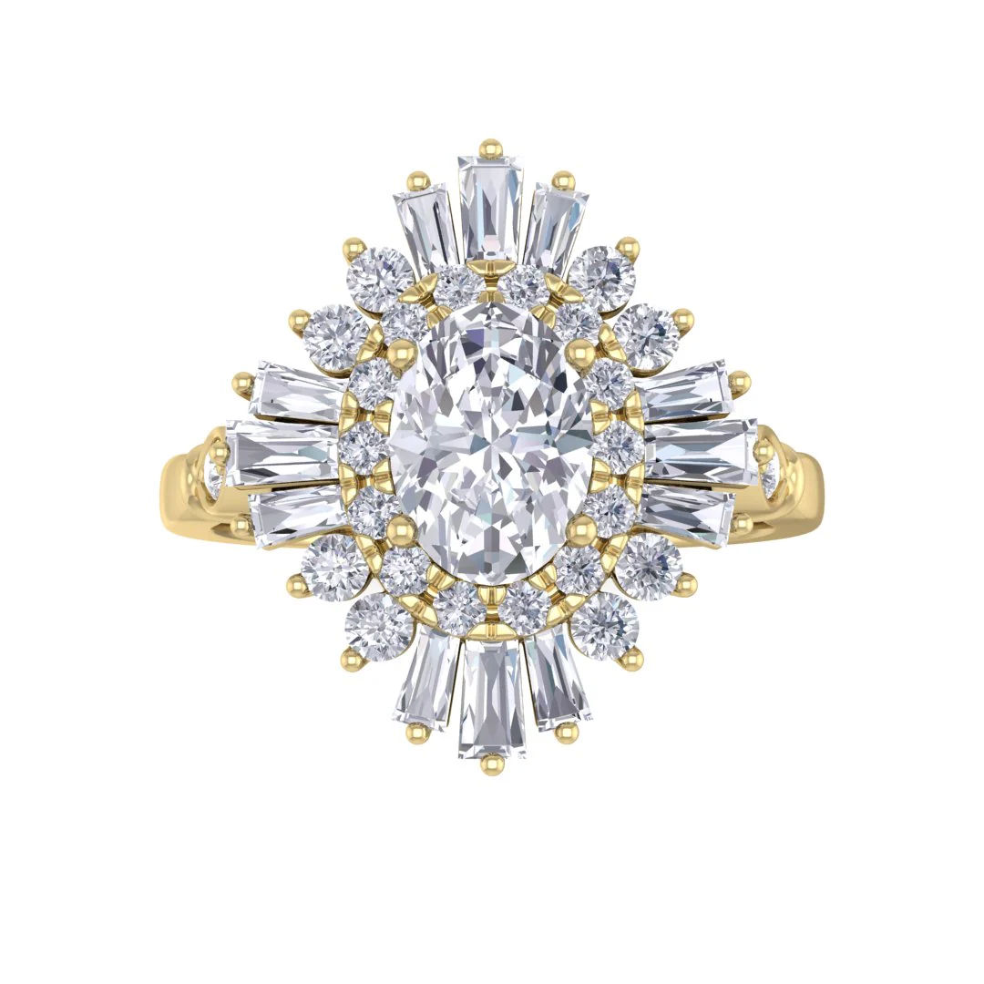 18k Yellow Gold 0.75ct Oval Diamond Baguette Starburst Engagement Ring 1.25tdw