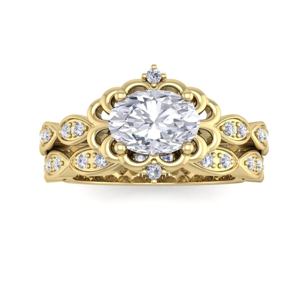 18k Yellow Gold 0.75ct Oval Diamond Filigree Halo Bridal Set 0.95tdw
