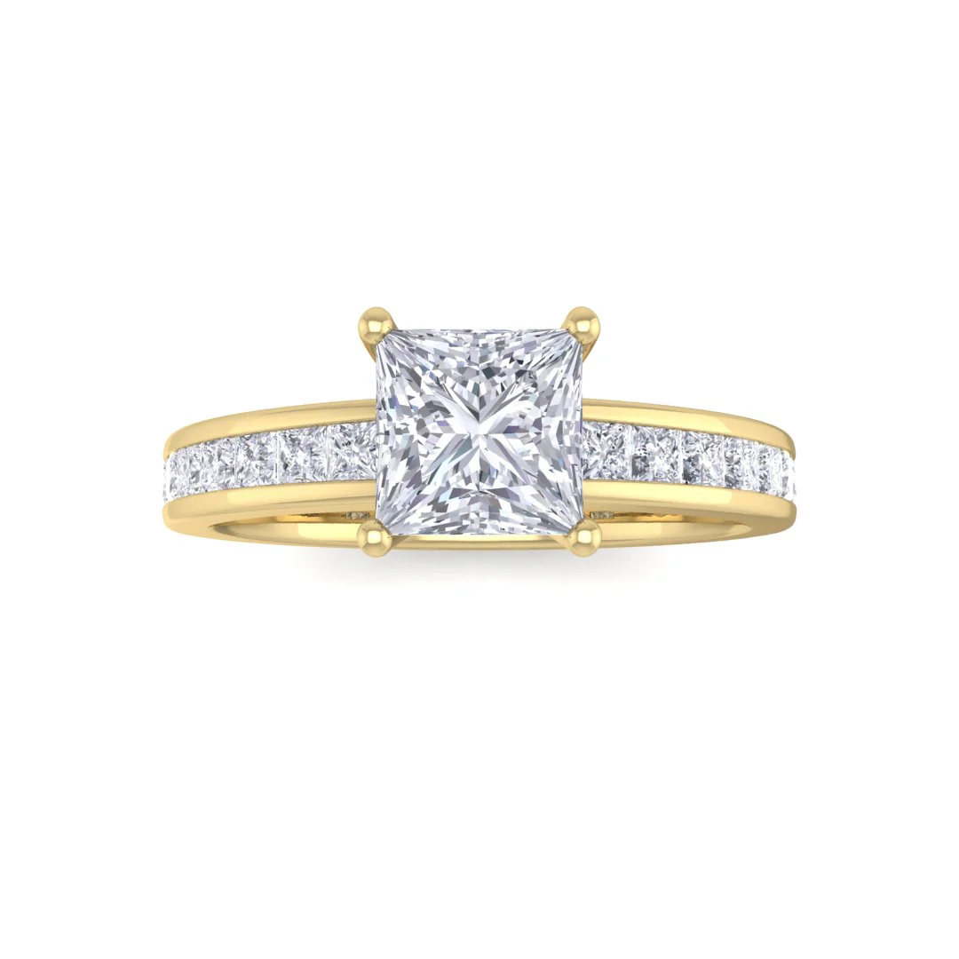 18k Yellow Gold 0.75ct Princess Cut Moissanite Solitaire with Shoulder Accents Engagement Ring 0.5tdw