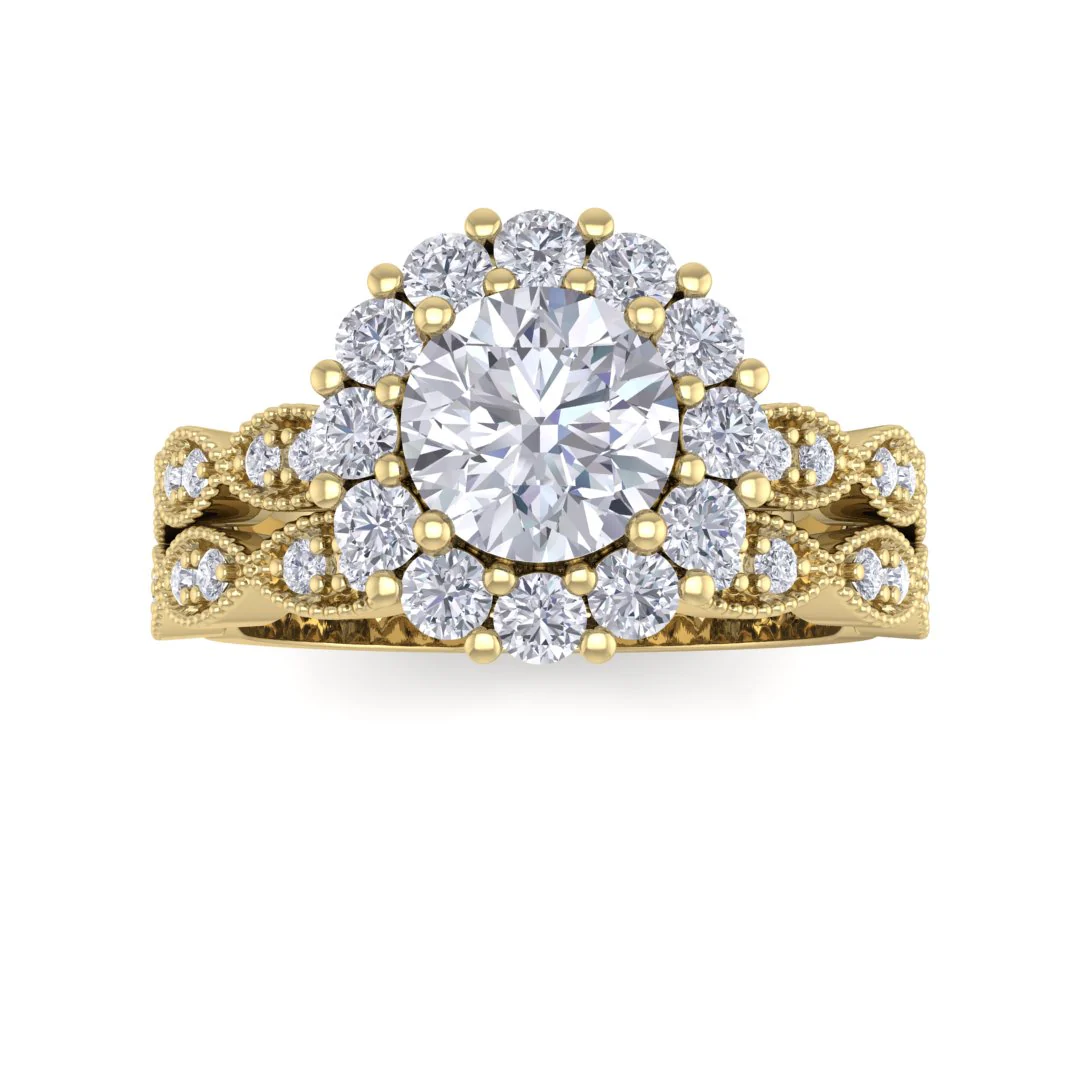 18k Yellow Gold 0.75ct Round Brilliant Diamond Halo Bridal Set 1.3tdw