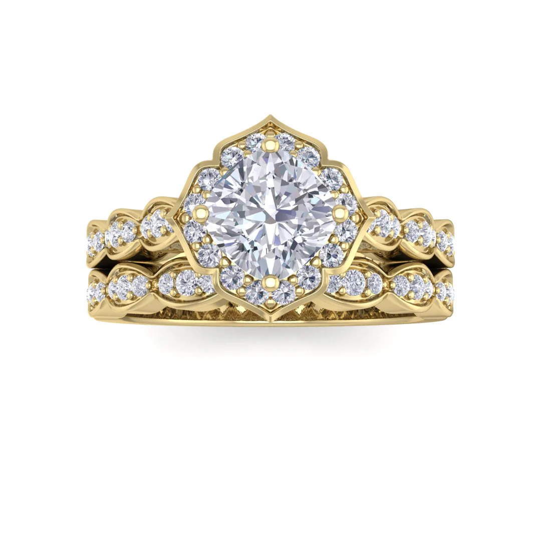 18k Yellow Gold 1.0ct Cushion Cut Diamond Halo Vintage Inspired Bridal Set 1.3tdw